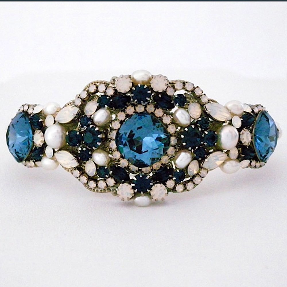 Haute Bride Blue Crystal & Pearl Bridal Cuff Bracelet, Statement Bracelet NWT